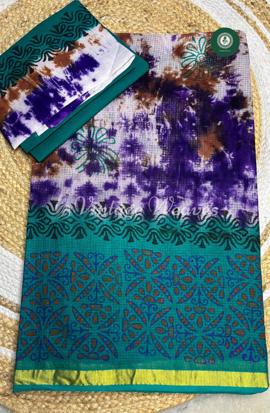 Multicolor Kota Cotton Saree With Varli Printed Mild Zari Border-Blue