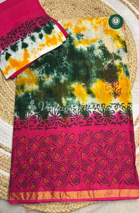 Multicolor Kota Cotton Saree With Varli Printed Mild Zari Border-Pink