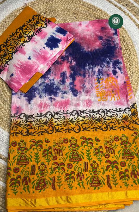 Multicolor Kota Cotton Saree With Varli Printed Mild Zari Border-Yellow