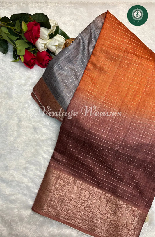 Ombre Banarasi Saree Orange and Brown With floral border