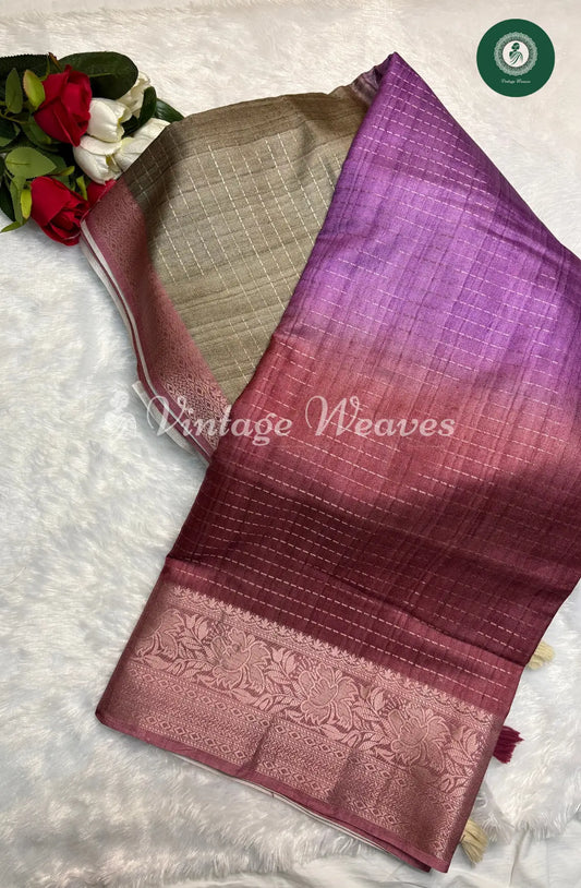 Ombre Banarasi Saree Pink and Wine With floral border