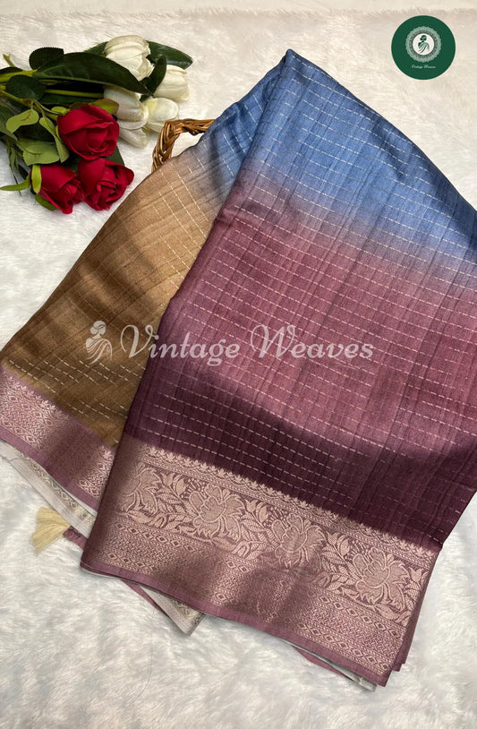 Ombre Banarasi Saree TealBlue and Brown With floral border