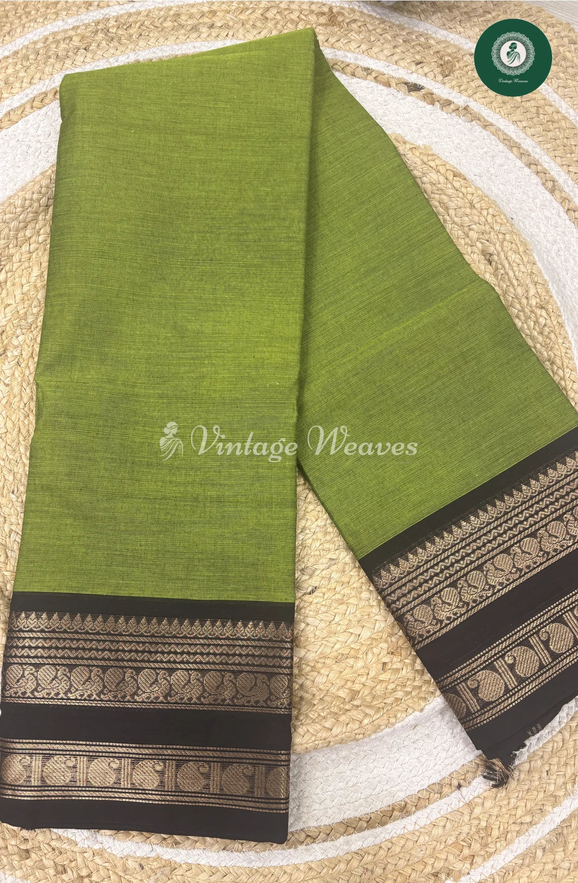 Premium 100Count Chettinad Cotton Peacockandmangoborder -GreenwithBlack