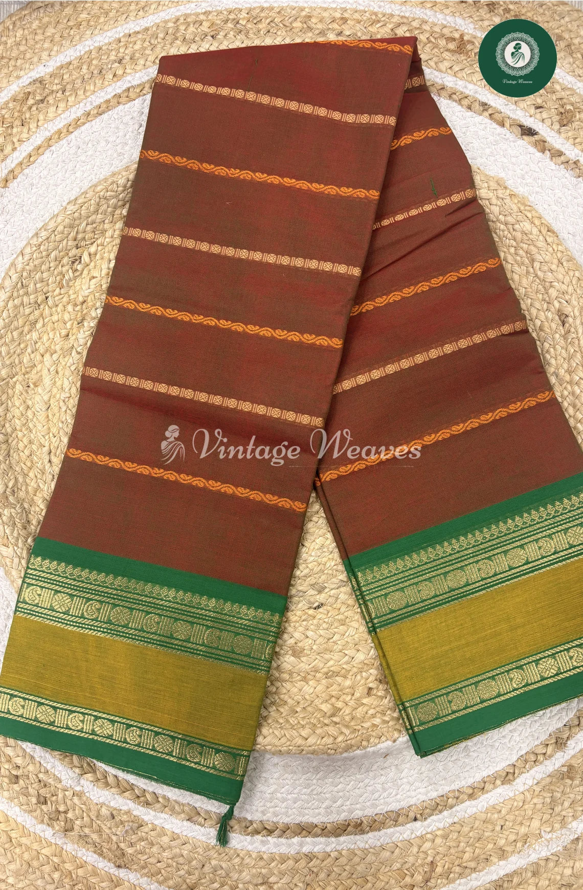 Premium 100Count Chettinad Cotton Saree-BrownwithGreen_1