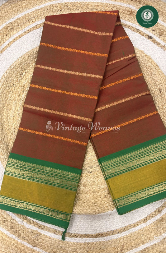 Premium 100Count Chettinad Cotton Saree-BrownwithGreen_1