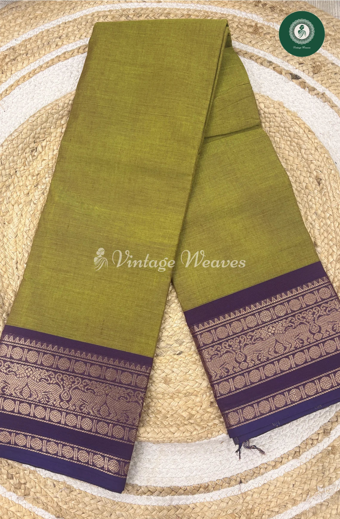 Premium 100Count Chettinad Cotton Saree-OlivegreenWithBlue