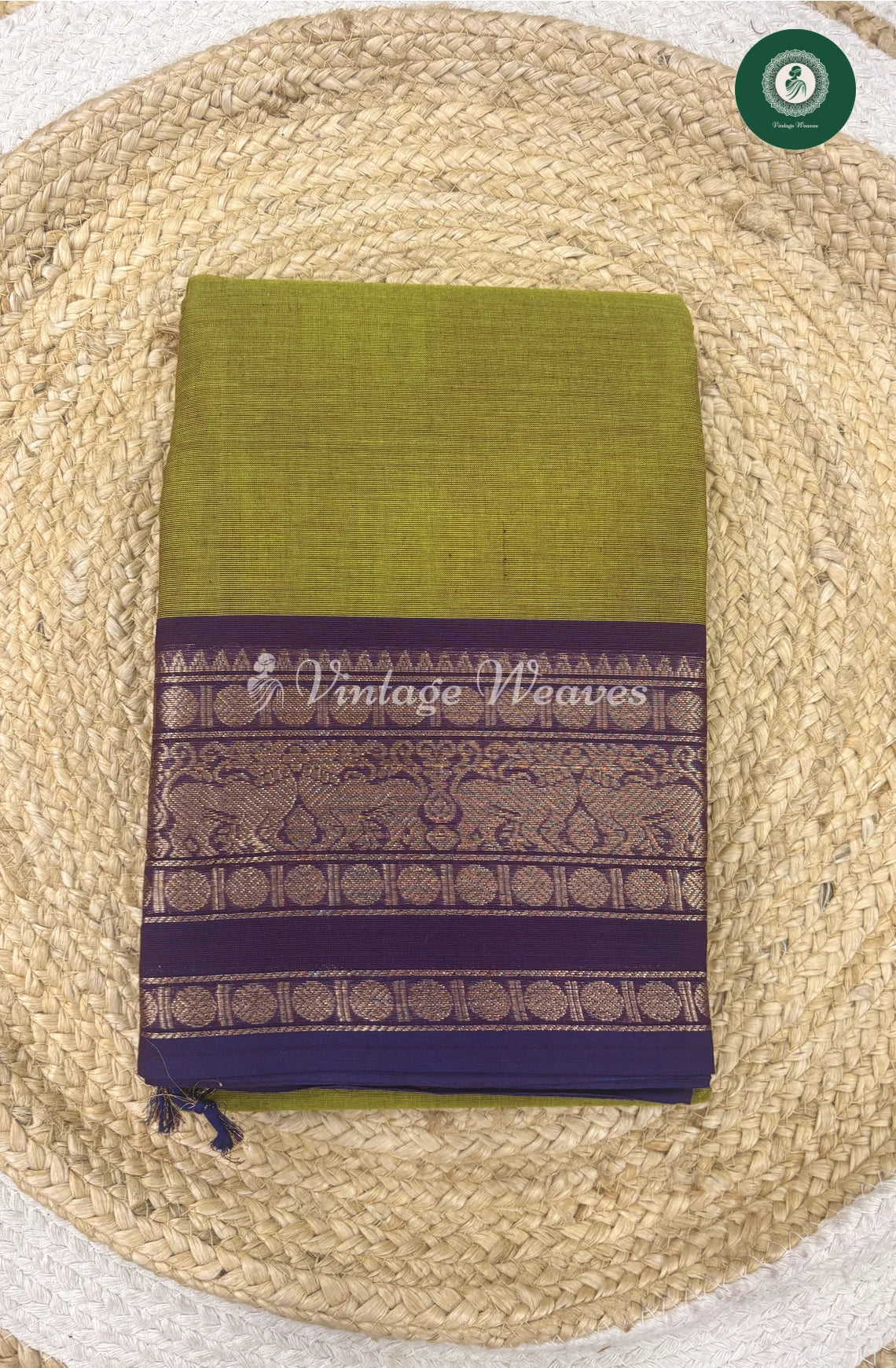 Premium 100Count Chettinad Cotton Saree-OlivegreenWithBlue