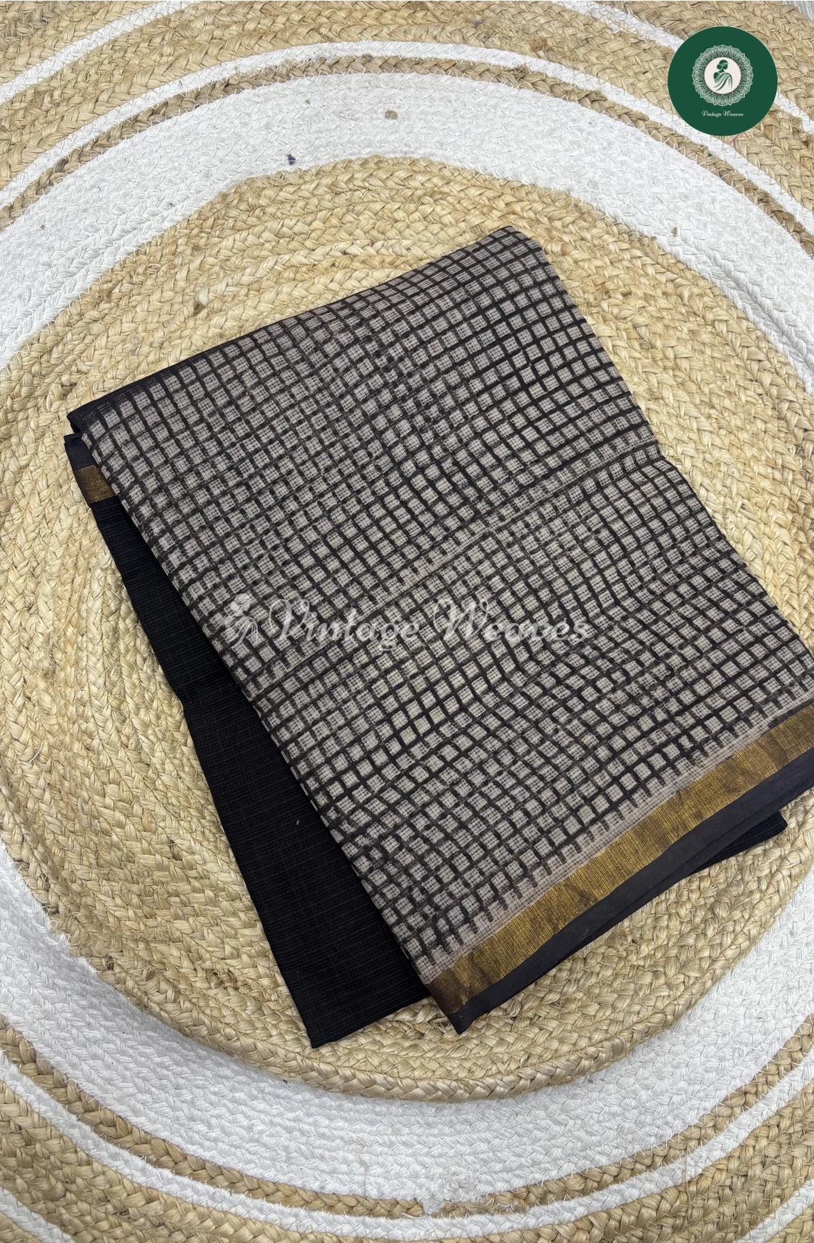 Premium Kota Cotton -Black With Checked Border