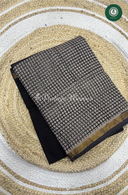 Premium Kota Cotton -Black With Checked Border