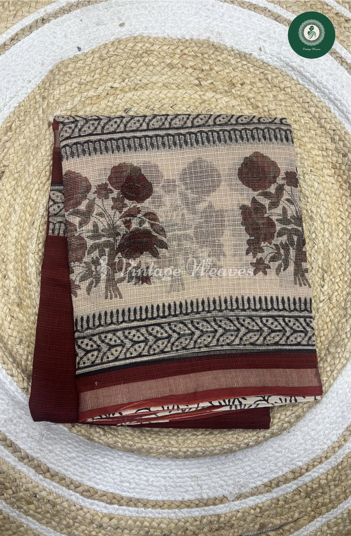 Premium Kota Cotton -Marron With HalfWhite