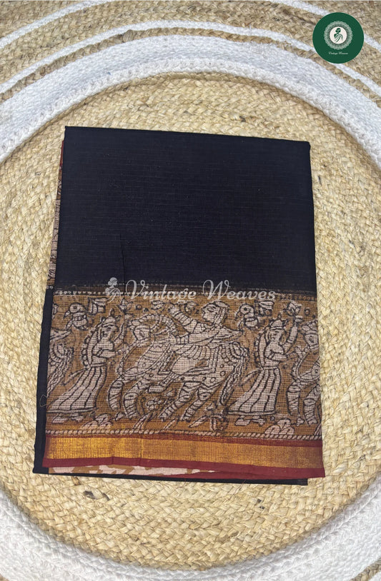 Premium Kota Cotton Saree-BlackKalamkari
