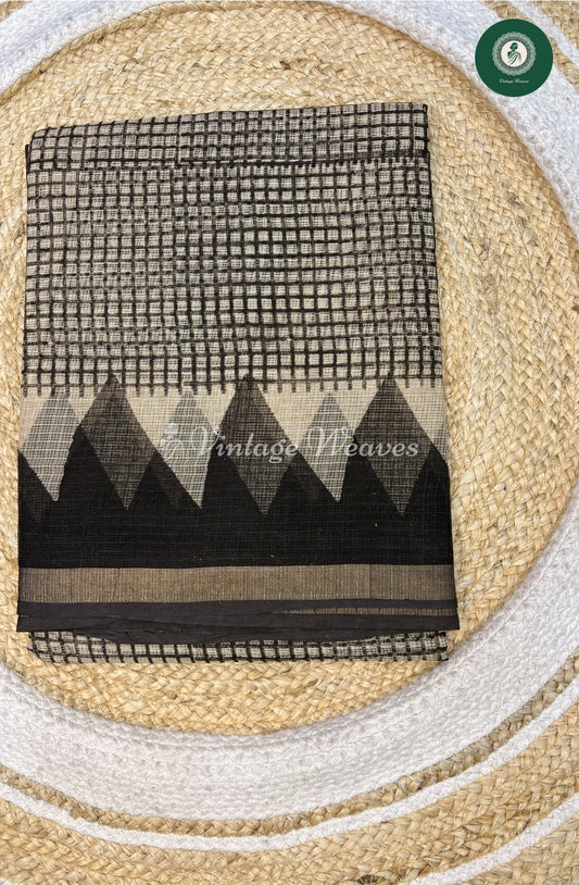 Premium Kota Cotton Saree-Blackcheckedwithtriangle