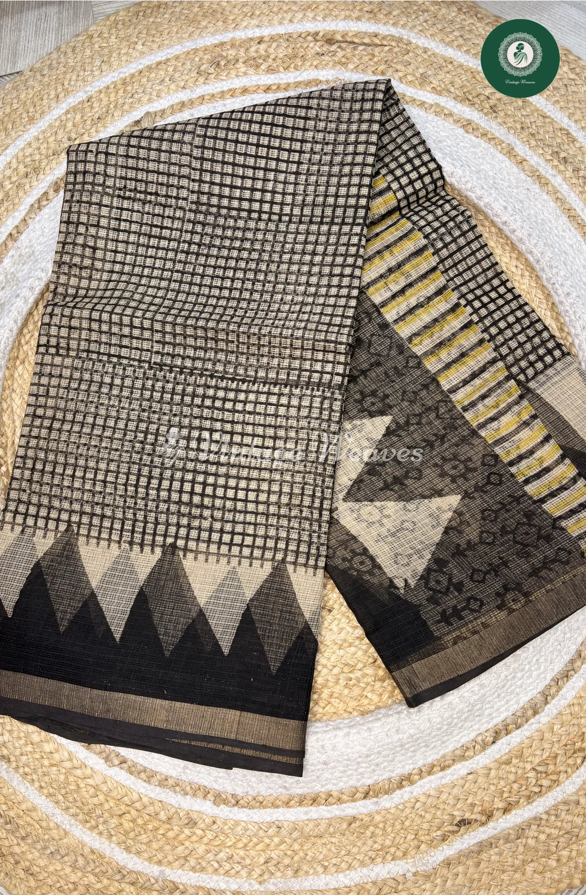 Premium Kota Cotton Saree-Blackcheckedwithtriangle