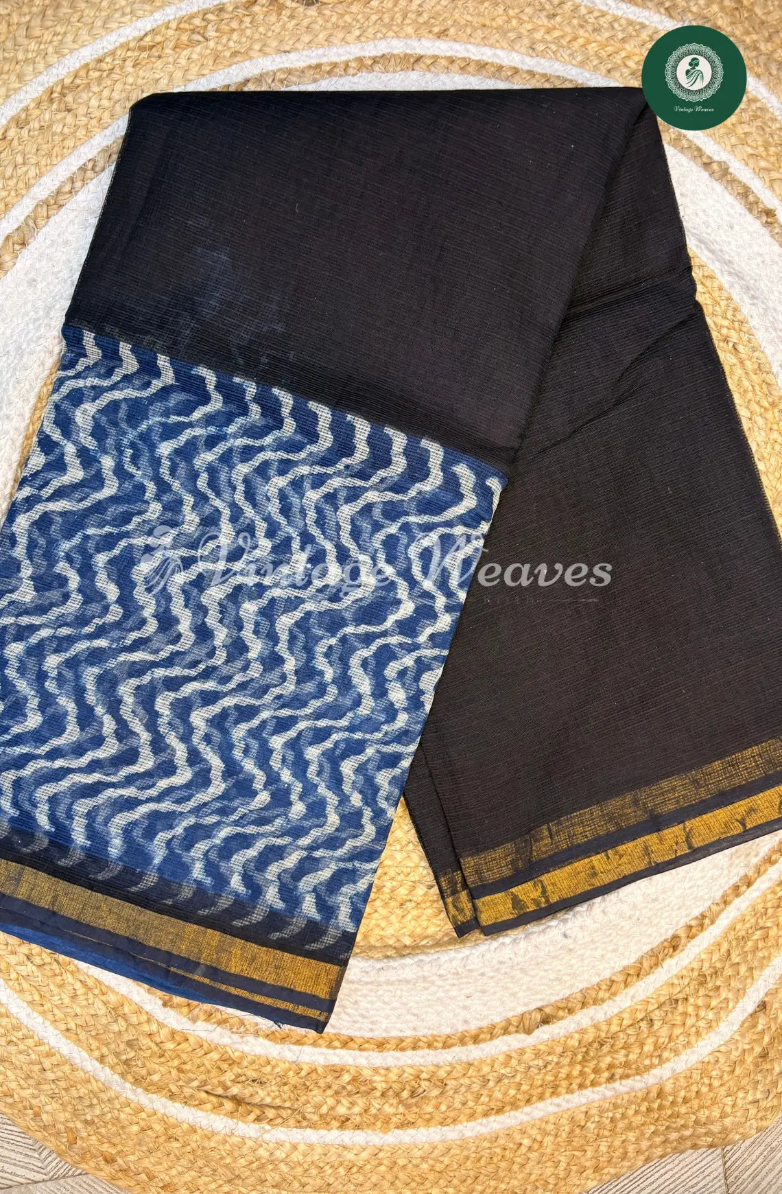 Premium Kota Cotton Saree-Black with Blue