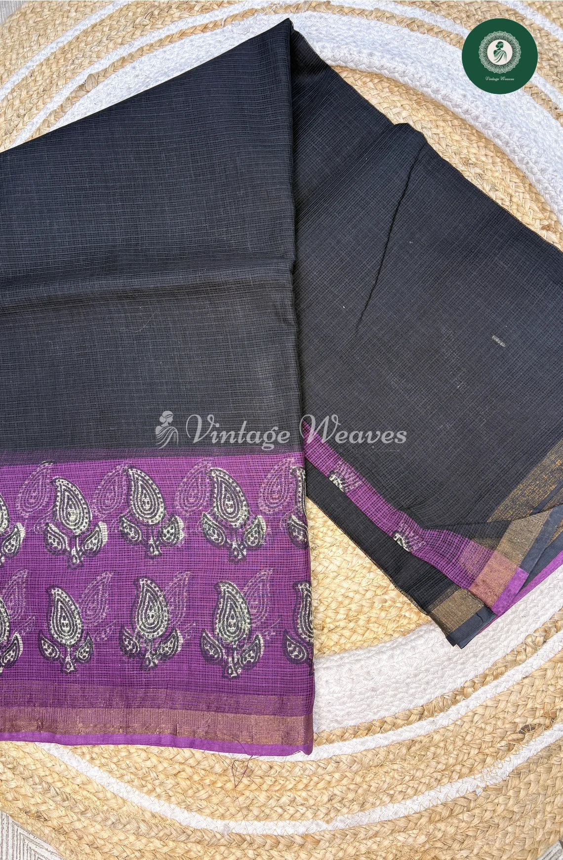 Premium Kota Cotton Saree-Blackwithpurple