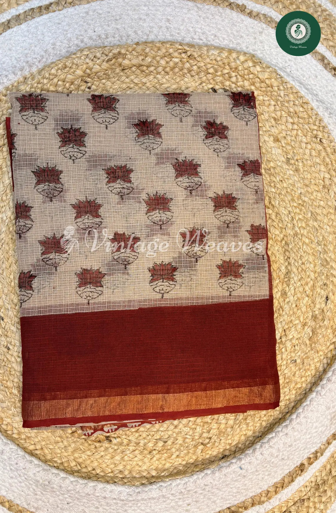 Premium Kota Cotton Saree-Ivory with Brown