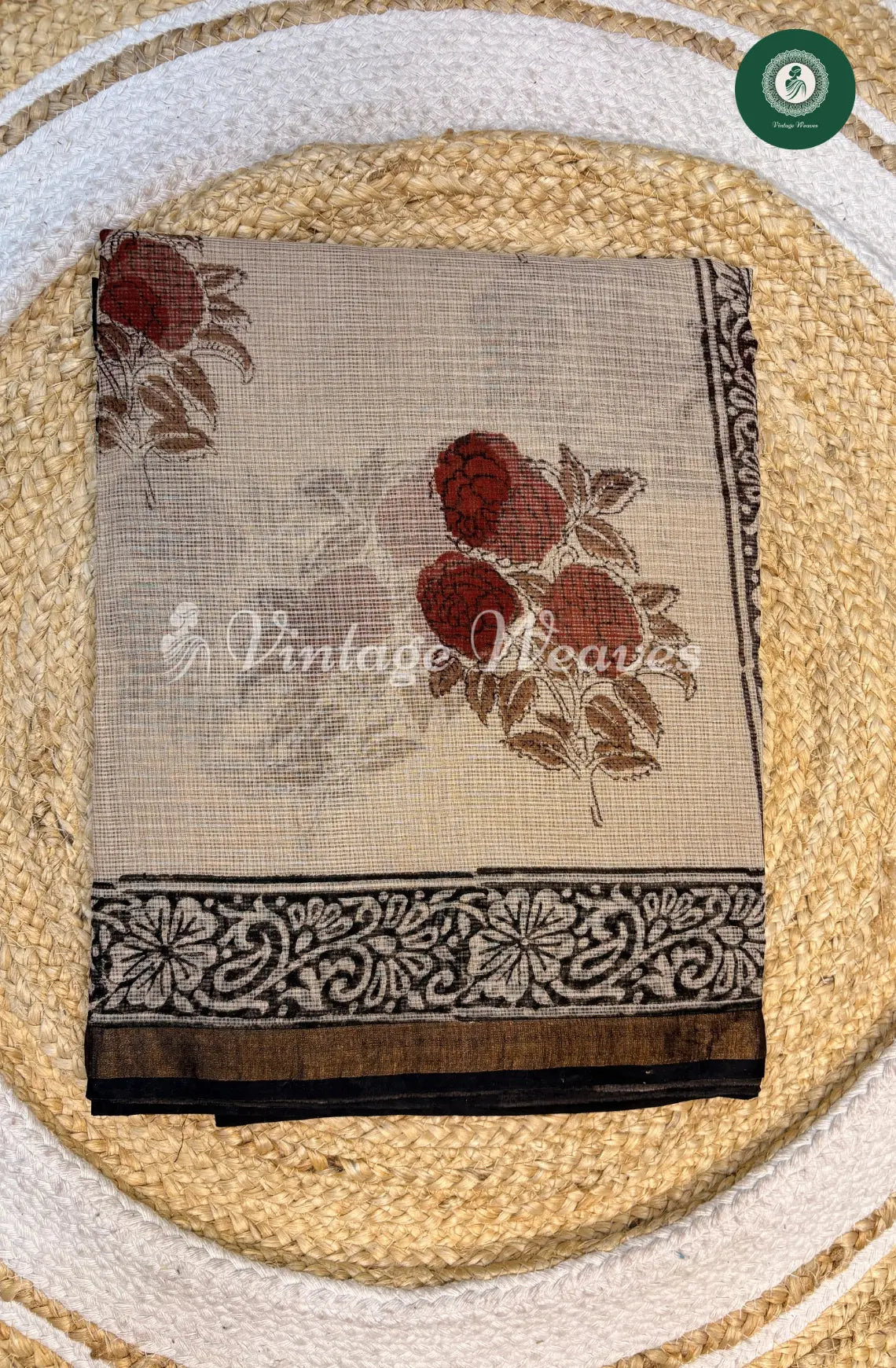 Premium Kota Cotton Saree Flower-Ivory with Black