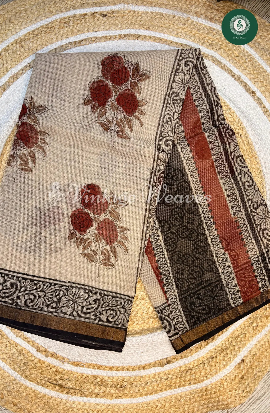Premium Kota Cotton Saree Flower-Ivory with Black