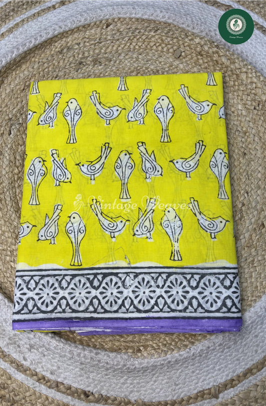 Premium MulCotton Saree-Yellow bird