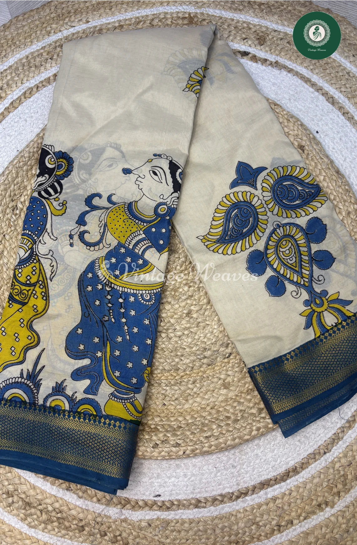 Premium Nizam Border Kalamkari Saree-SkinwithBlue