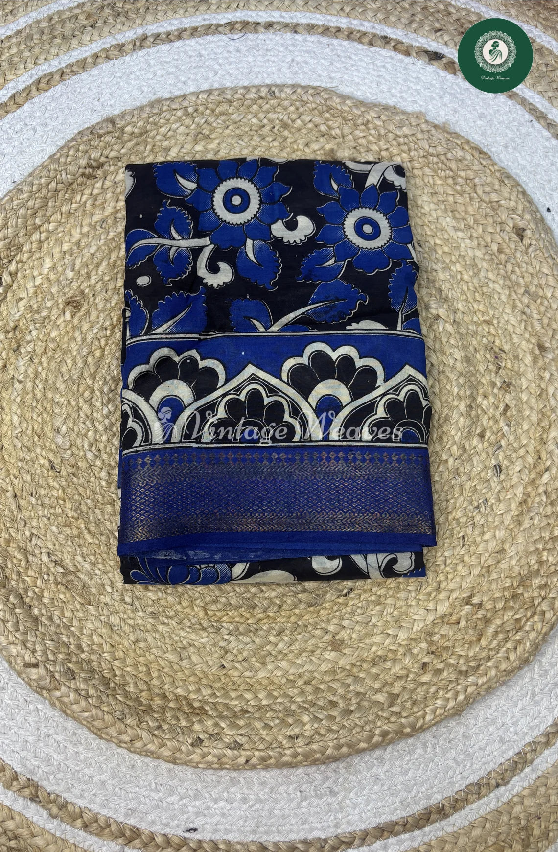 Premium Nizam Border Kalamkari Saree Flower-Black