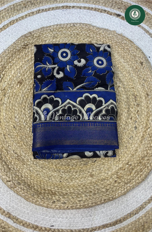 Premium Nizam Border Kalamkari Saree Flower-Black