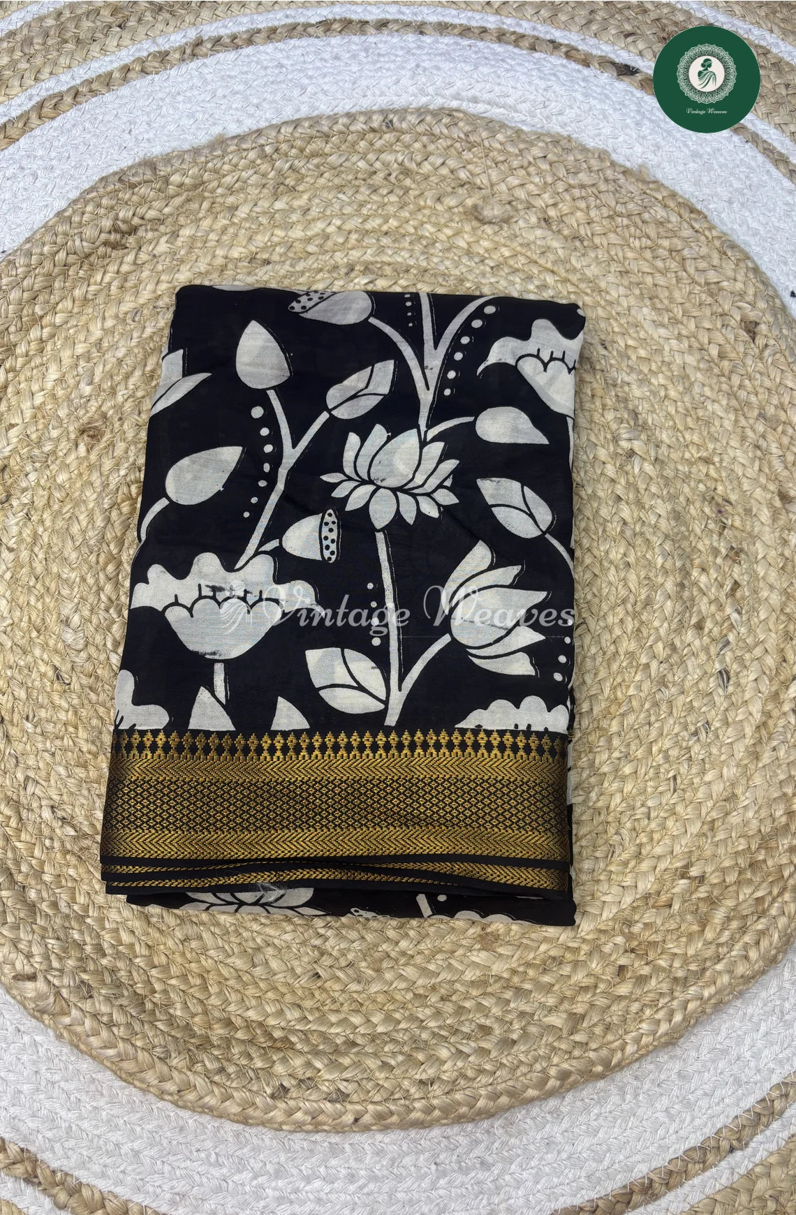 Premium Nizam Border Kalamkari Saree Flower-Black_1