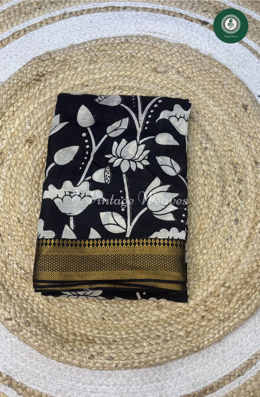 Premium Nizam Border Kalamkari Saree Flower-Black_1