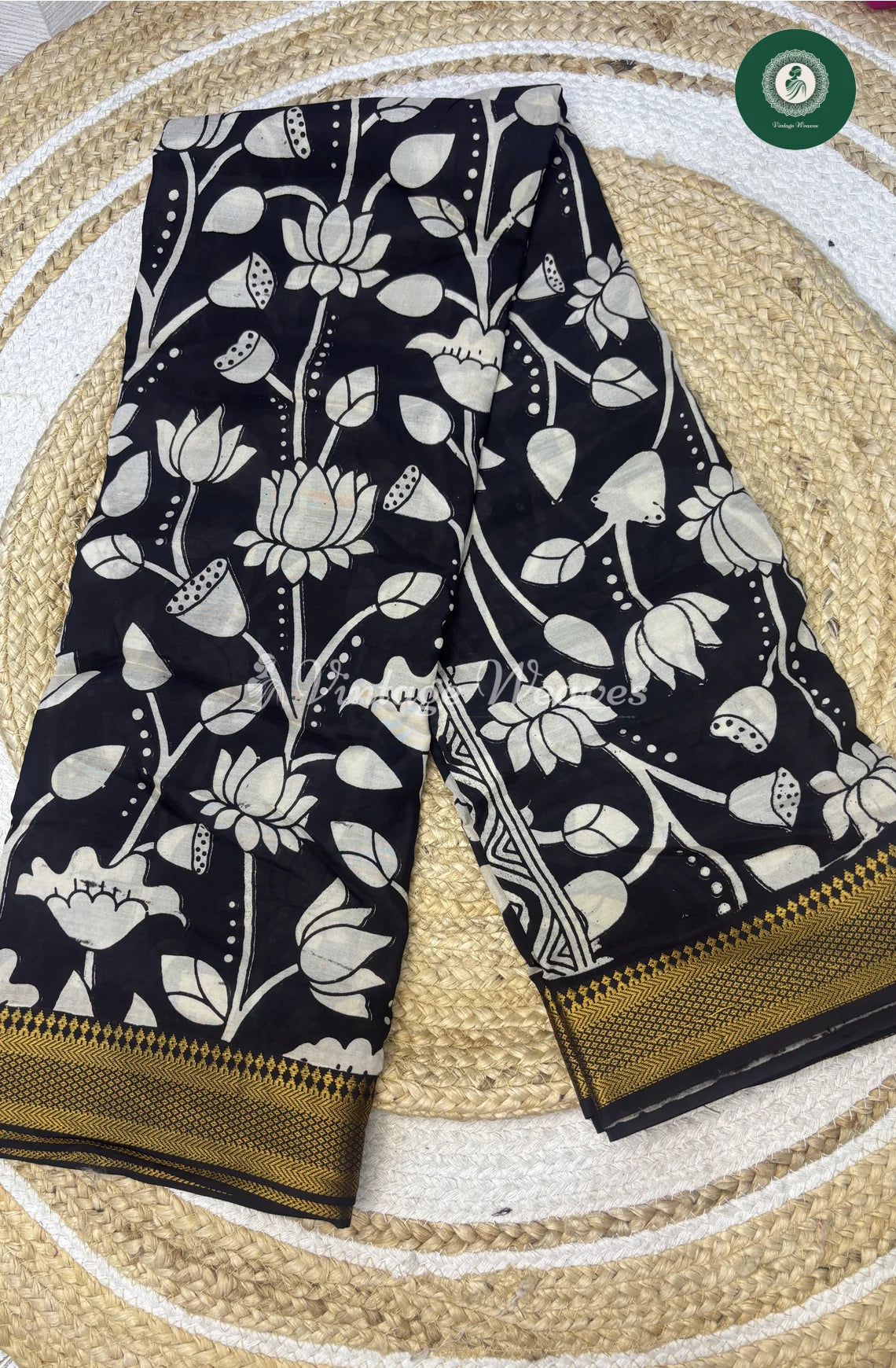 Premium Nizam Border Kalamkari Saree Flower-Black_1