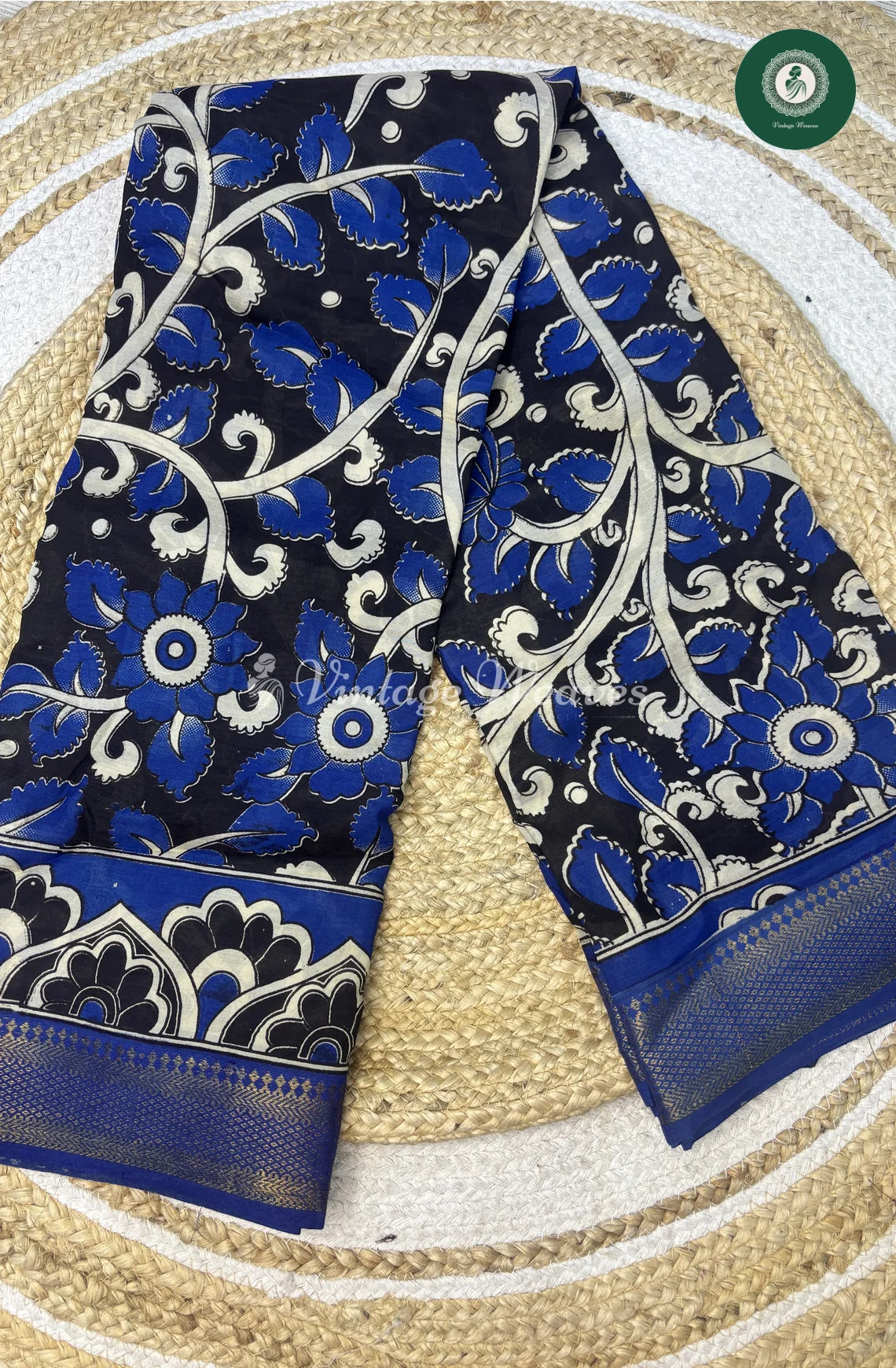 Premium Nizam Border Kalamkari Saree Flower-Black