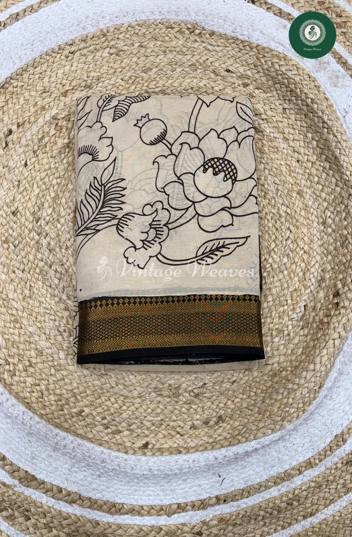 Premium Nizam Border Kalamkari Saree Flower-Ivory