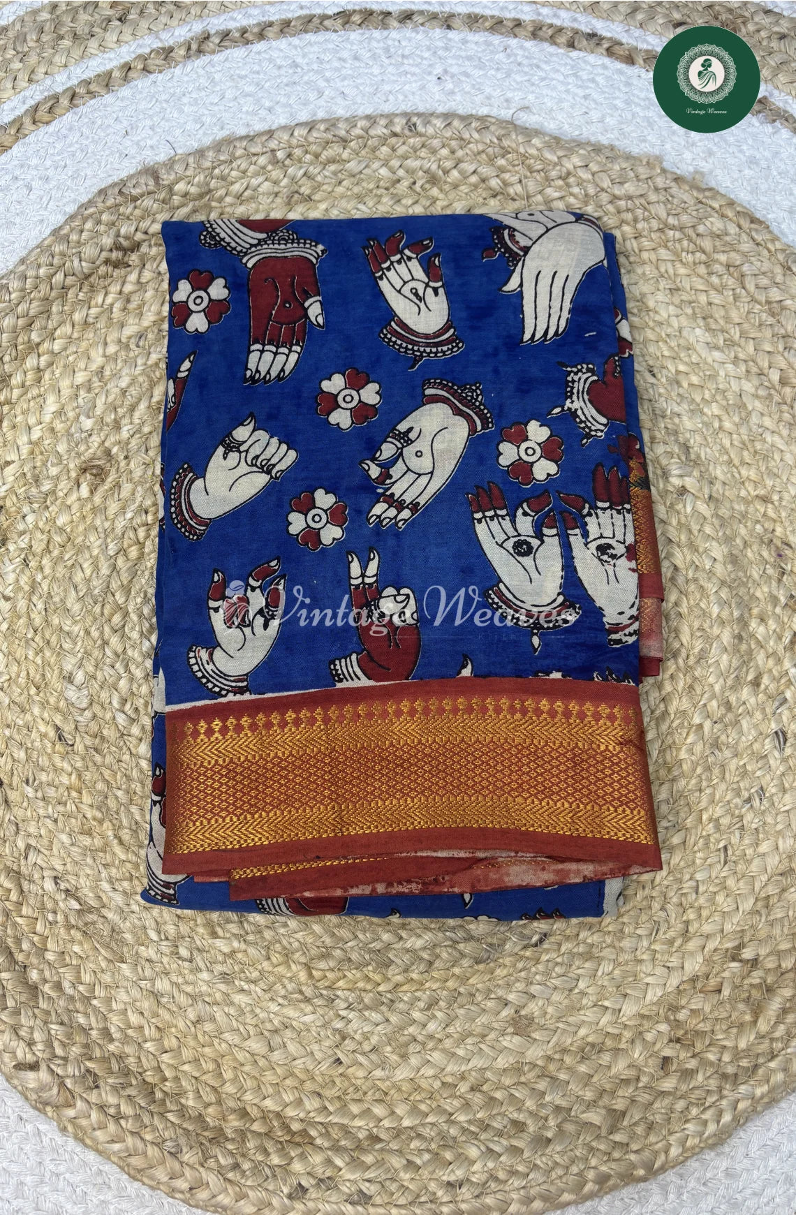 Premium Nizam Border Kalamkari Saree HandPrint-Blue