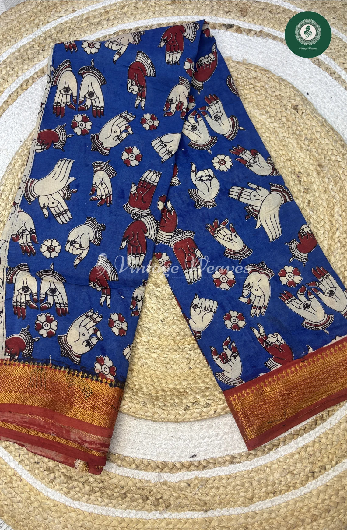 Premium Nizam Border Kalamkari Saree HandPrint-Blue