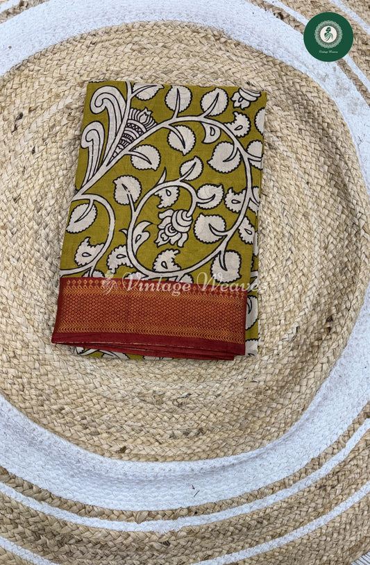 Premium Nizam Border Kalamkari Saree Leaf-Green