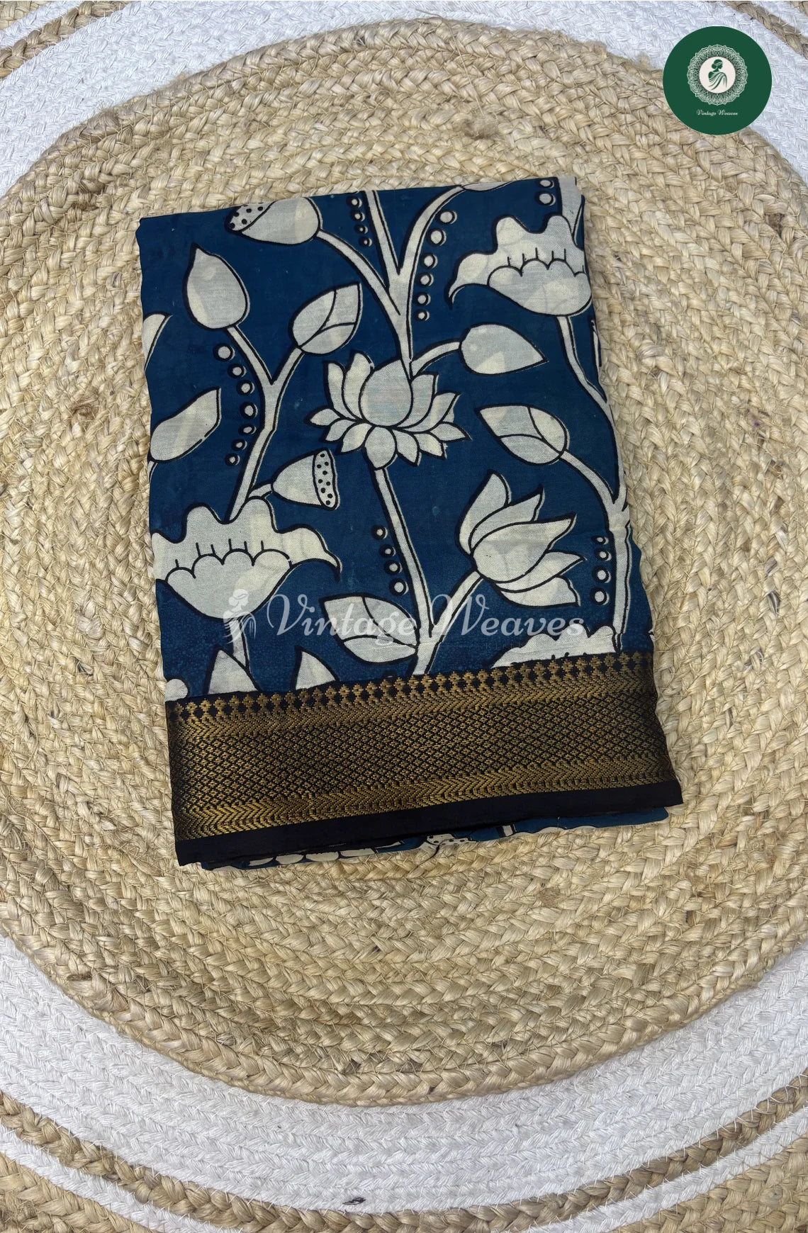 Premium Nizam Border Kalamkari Saree Lotus-Blue