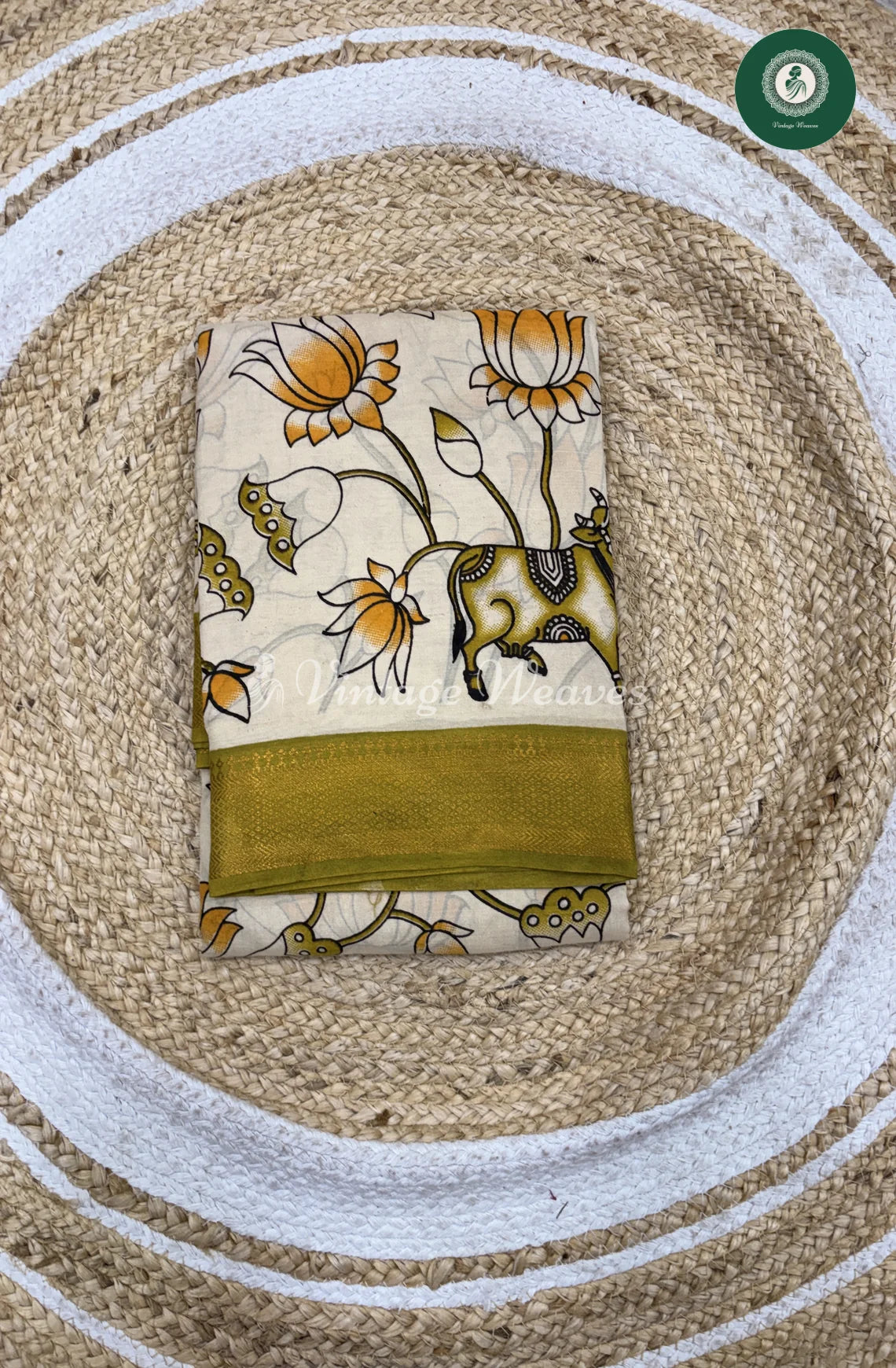 Premium Nizam Border Kalamkari Saree Lotus-White