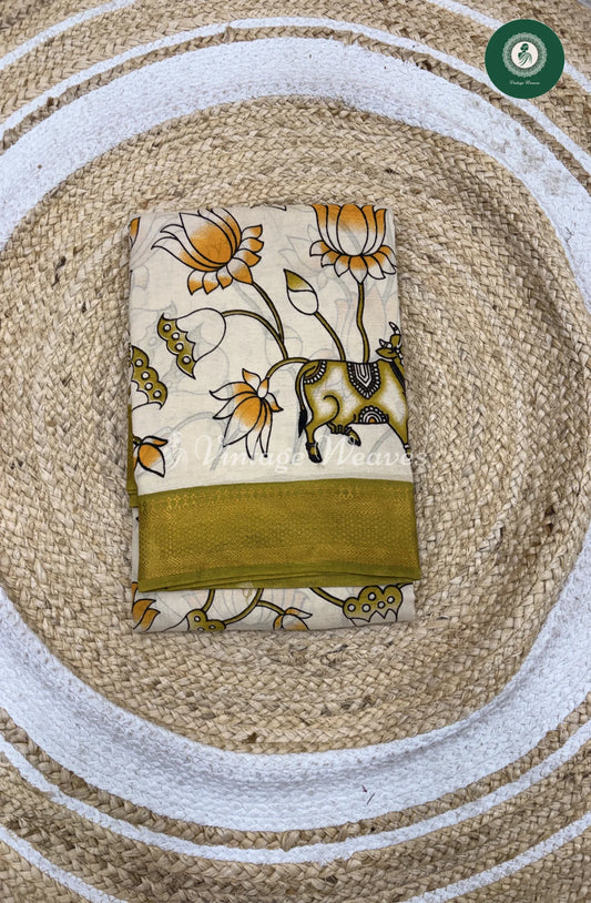 Premium Nizam Border Kalamkari Saree Lotus-White
