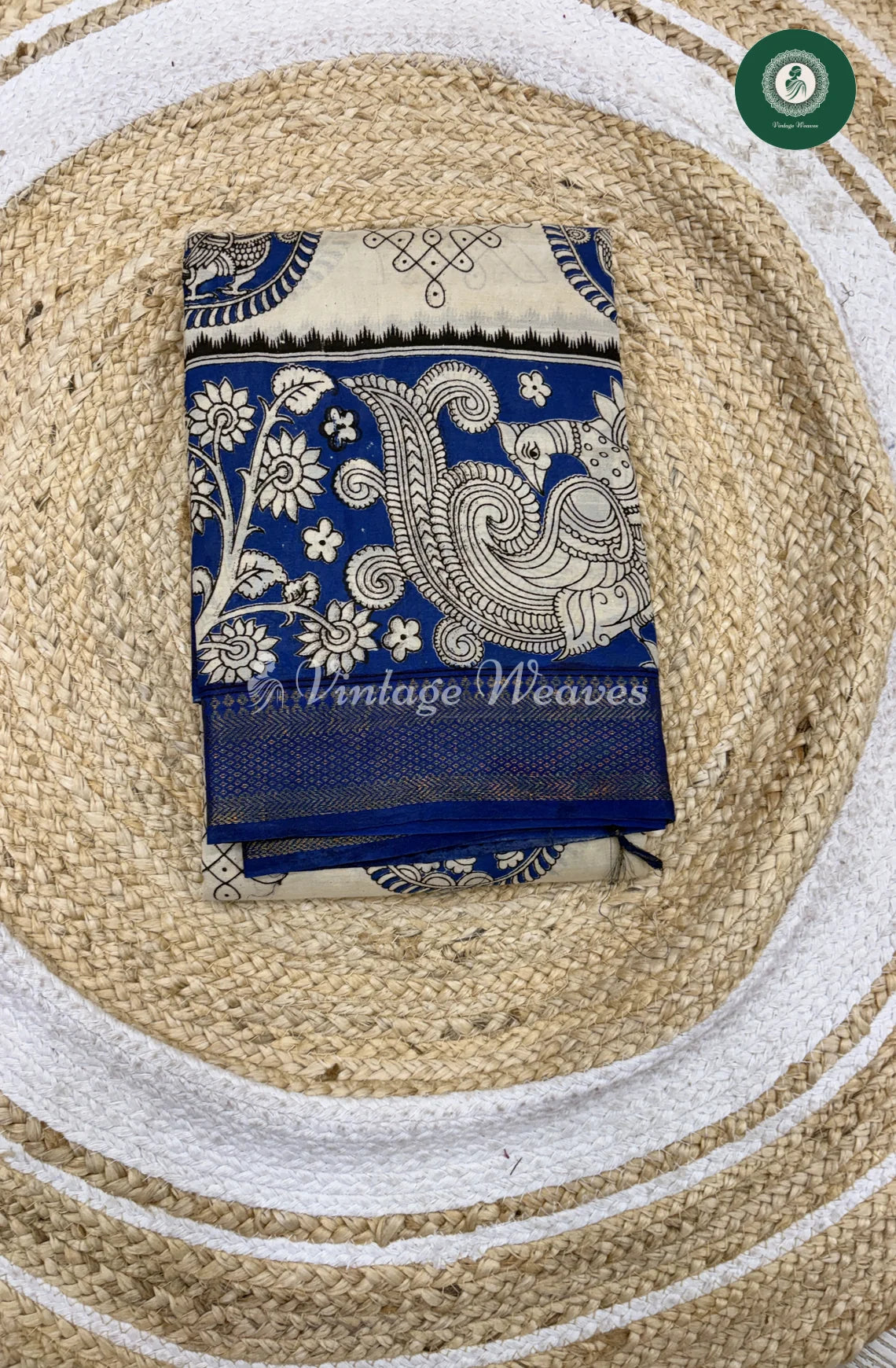 Premium Nizam Border Kalamkari Saree Peacock-Blue