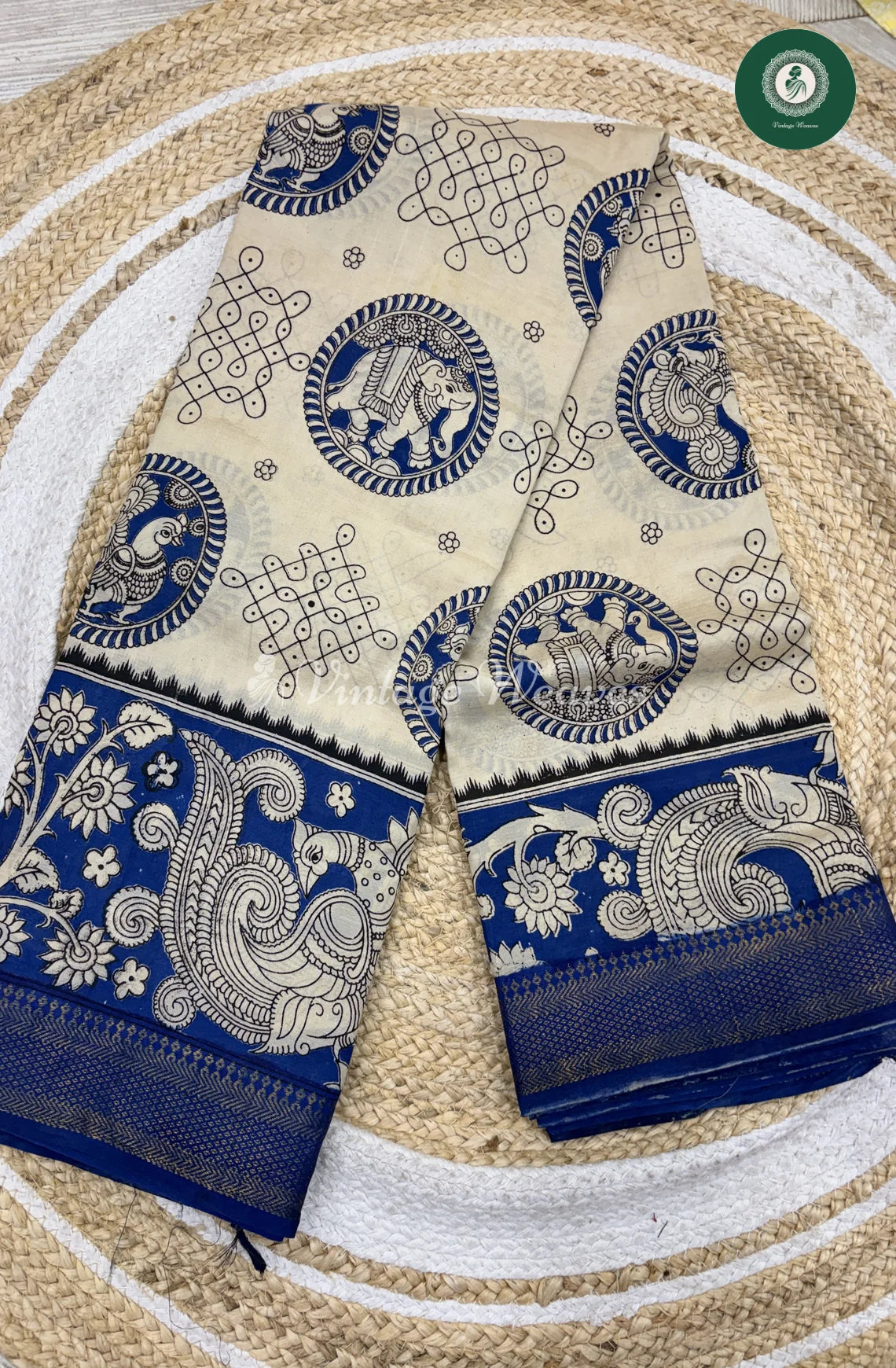 Premium Nizam Border Kalamkari Saree Peacock-Blue