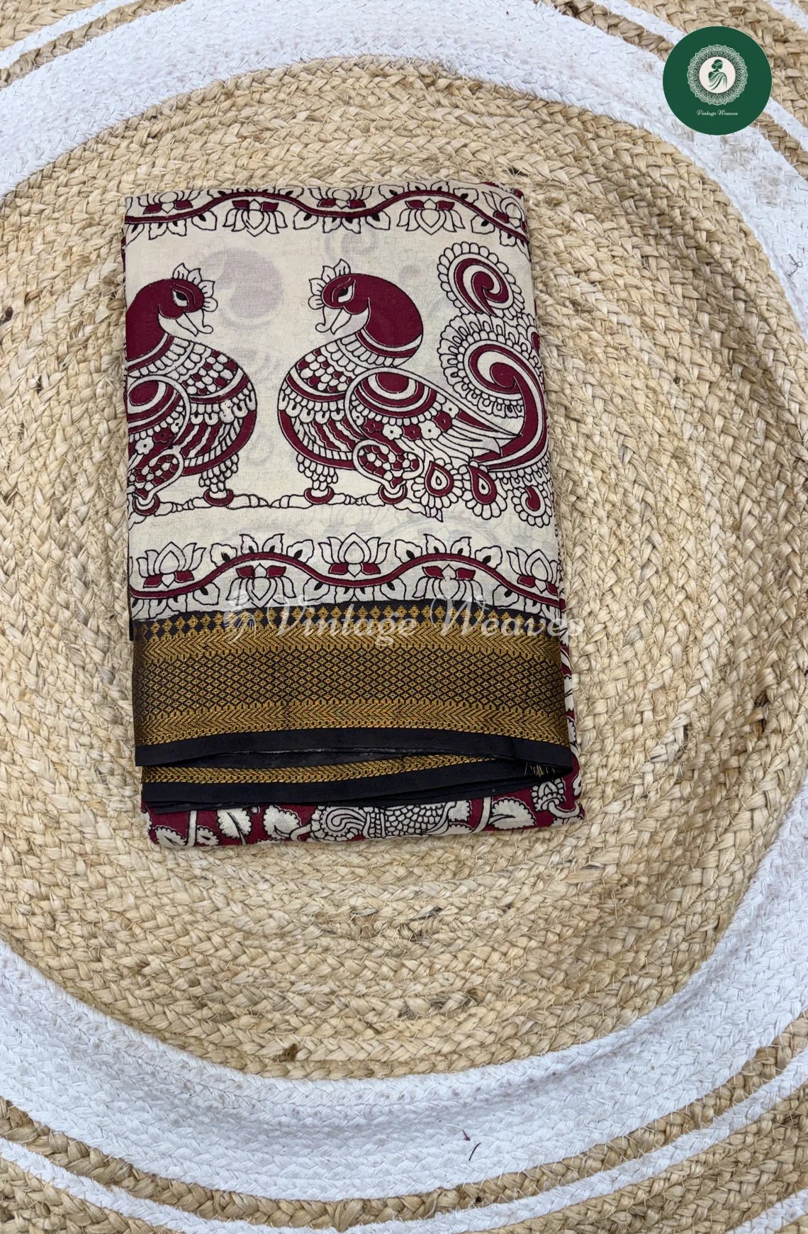 Premium Nizam Border Kalamkari Saree Peacock-Marron