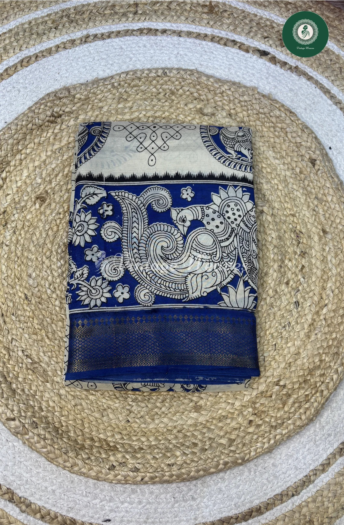 Premium Nizam Border Kalamkari Saree Peacock-SkinwithBlue