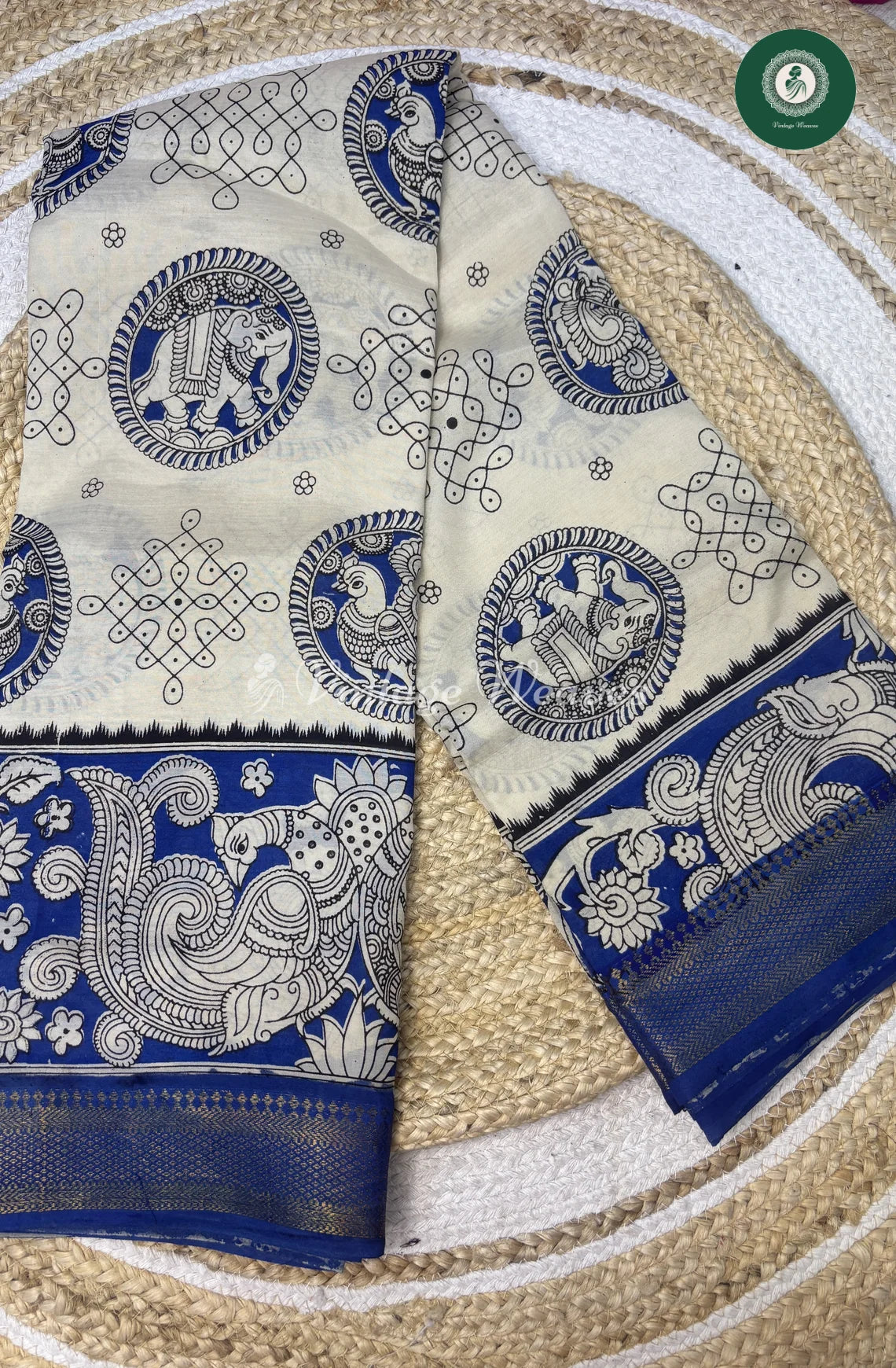 Premium Nizam Border Kalamkari Saree Peacock-SkinwithBlue