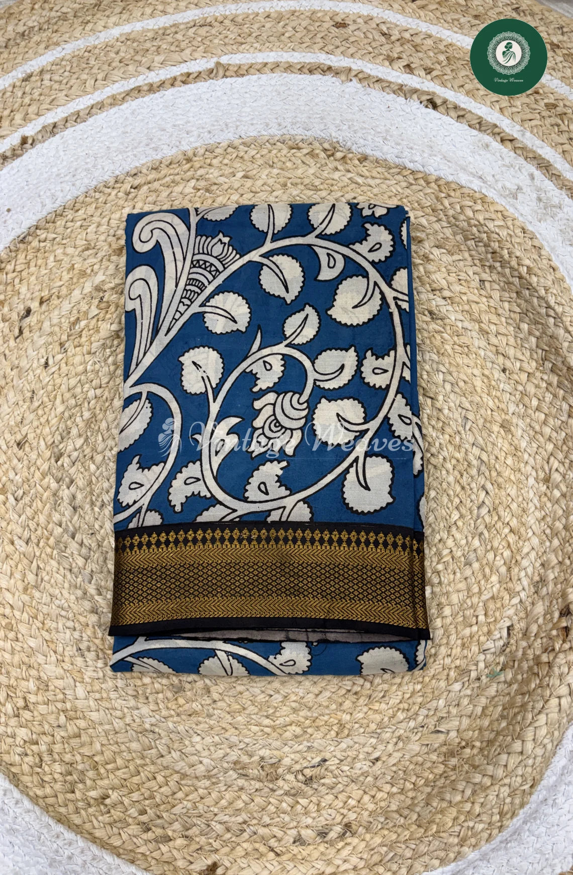 Premium Nizam Border Kalamkari Silk Saree-Blue