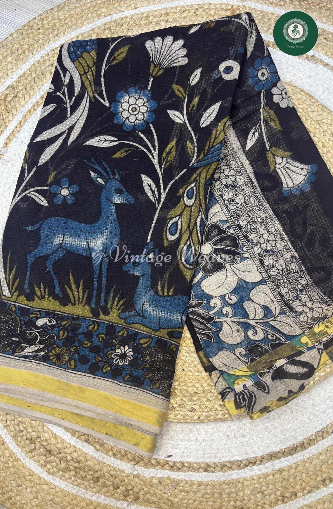 Premium Traditional Kalamkari Kota DeerPrint-Black