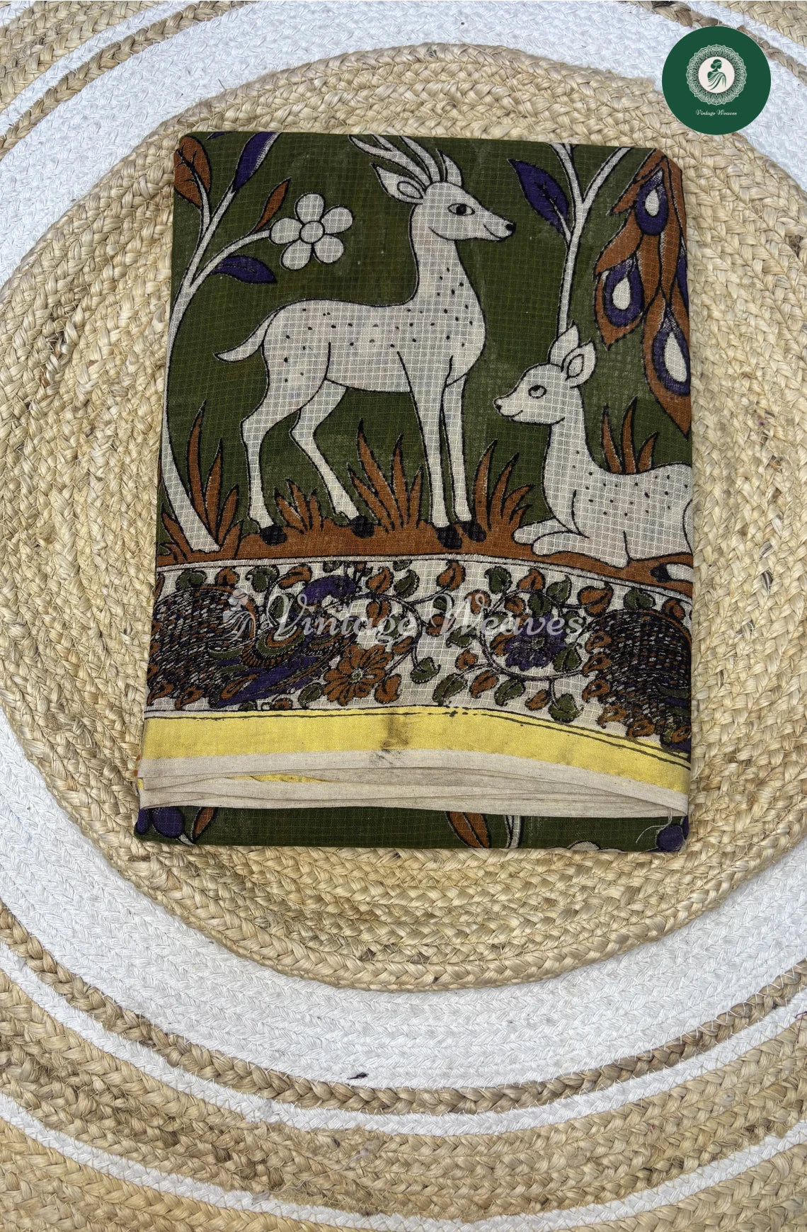 Premium Traditional Kalamkari Kota DeerPrint-Green