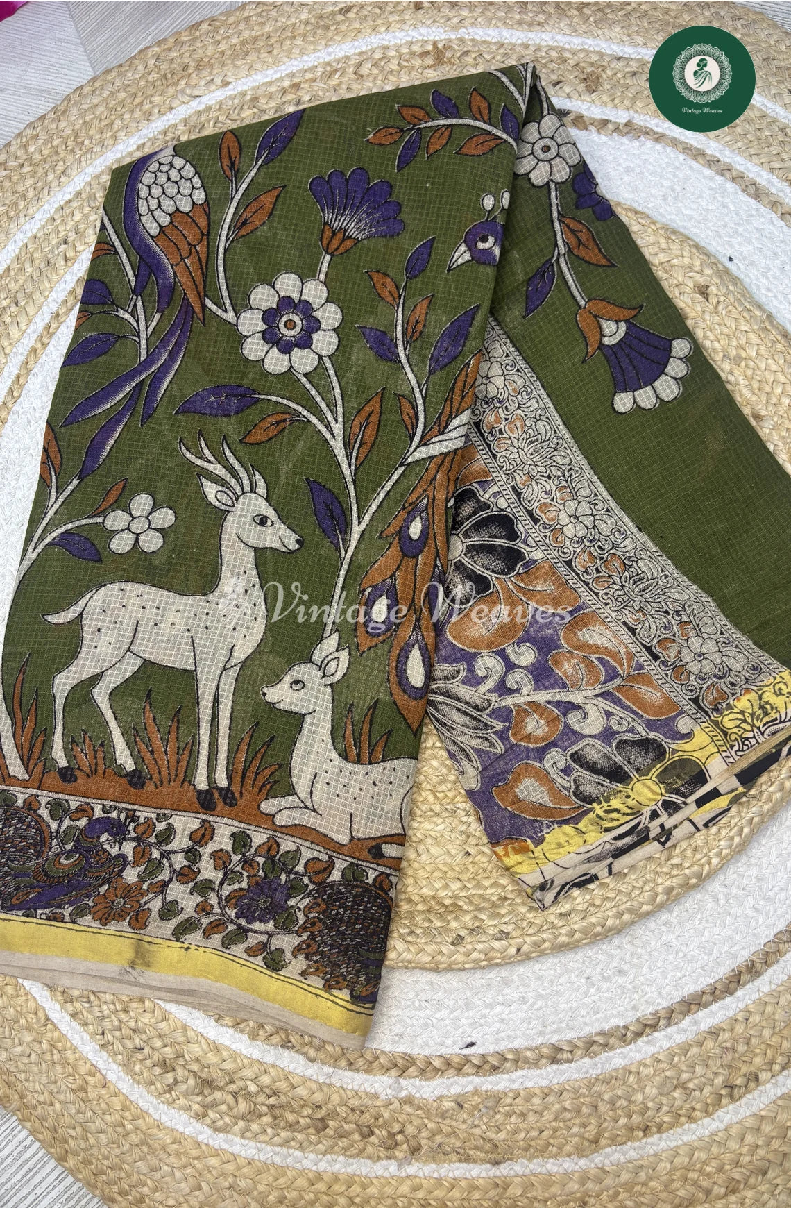 Premium Traditional Kalamkari Kota DeerPrint-Green