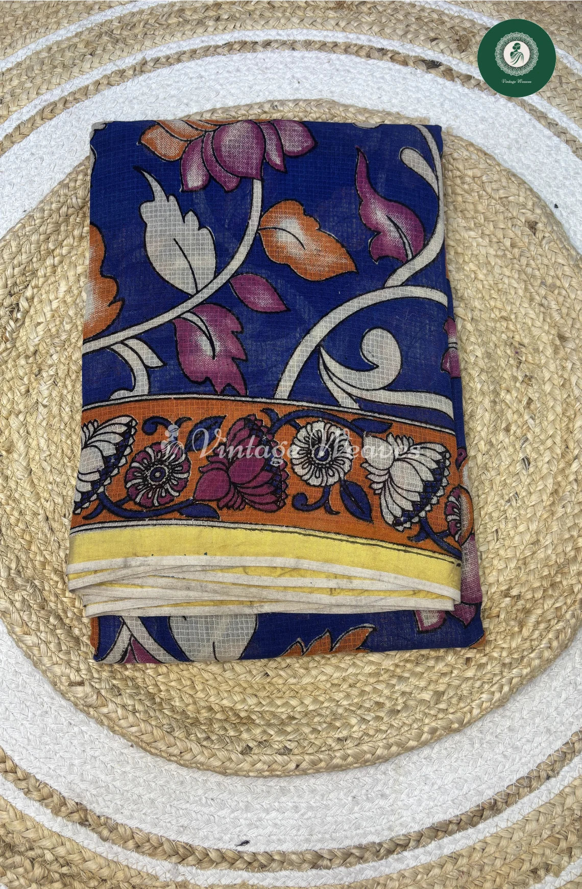 Premium Traditional Kalamkari Kota Leaf-Blue