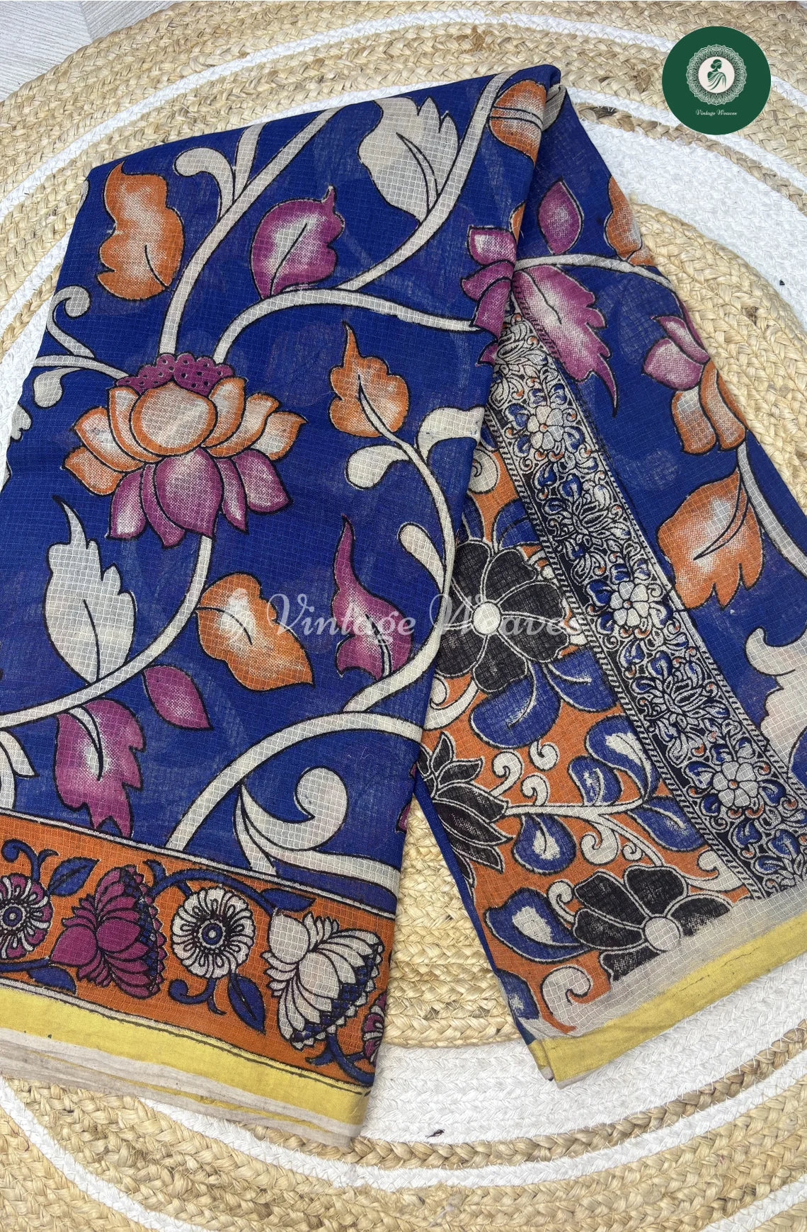 Premium Traditional Kalamkari Kota Leaf-Blue