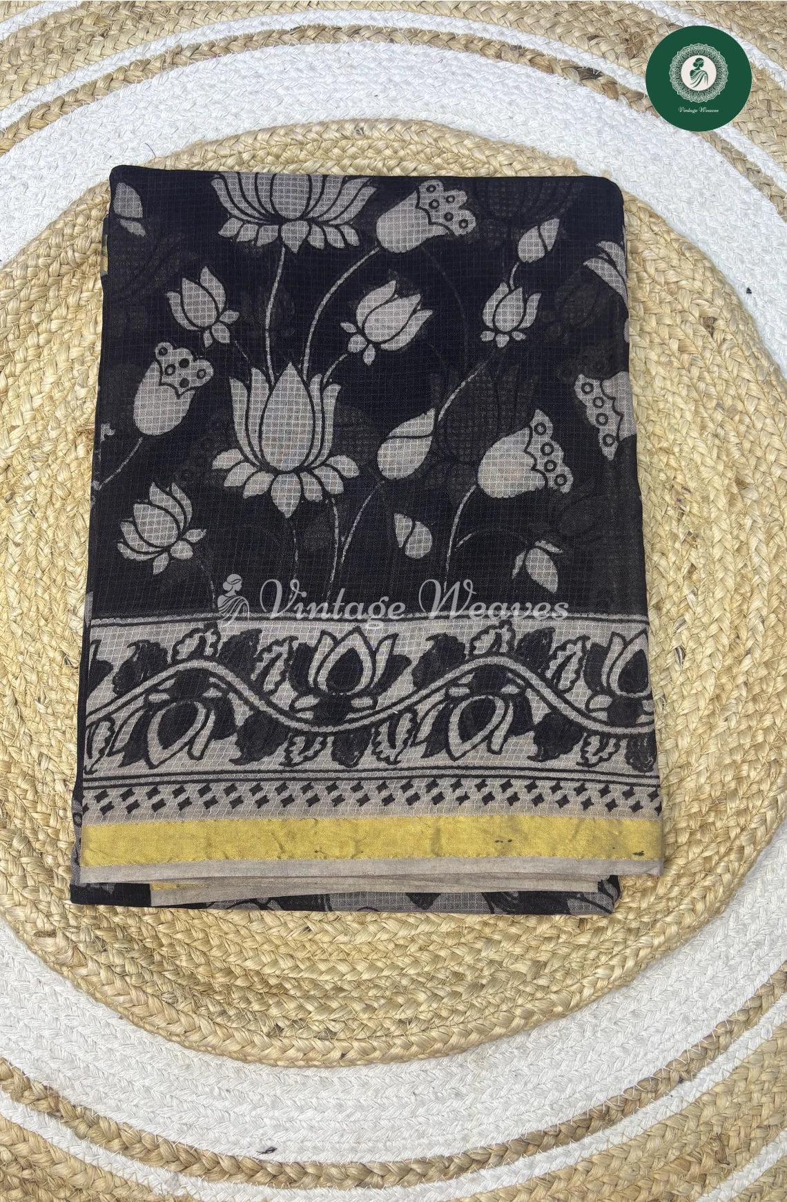 Premium Traditional Kalamkari Kota Lotus-Black