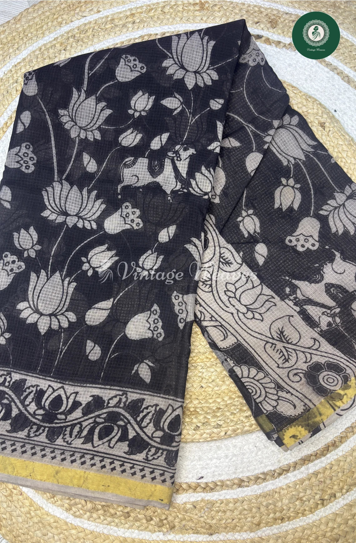 Premium Traditional Kalamkari Kota Lotus-Black
